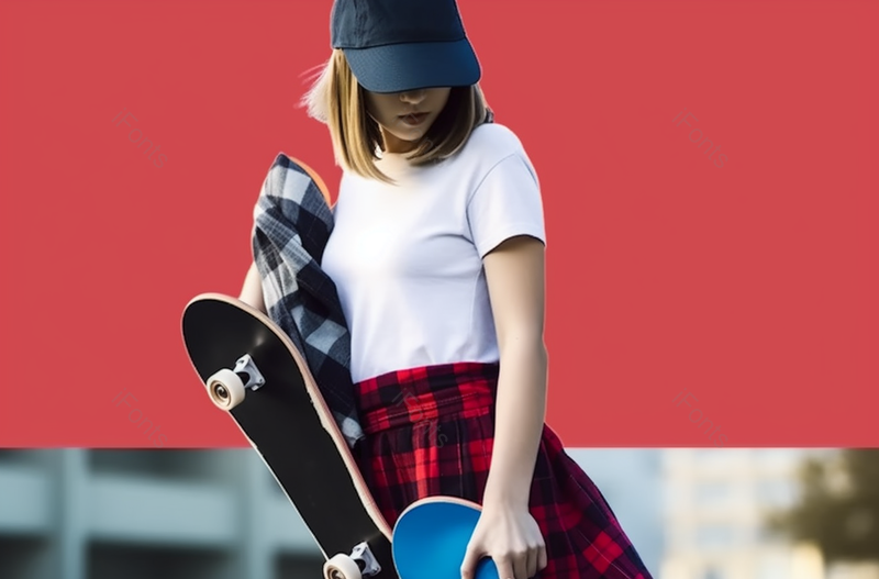 年轻女子拿着滑板红色背景摄影图,高清,摄影图,摄影图片,图片大全,摄影图免费下载